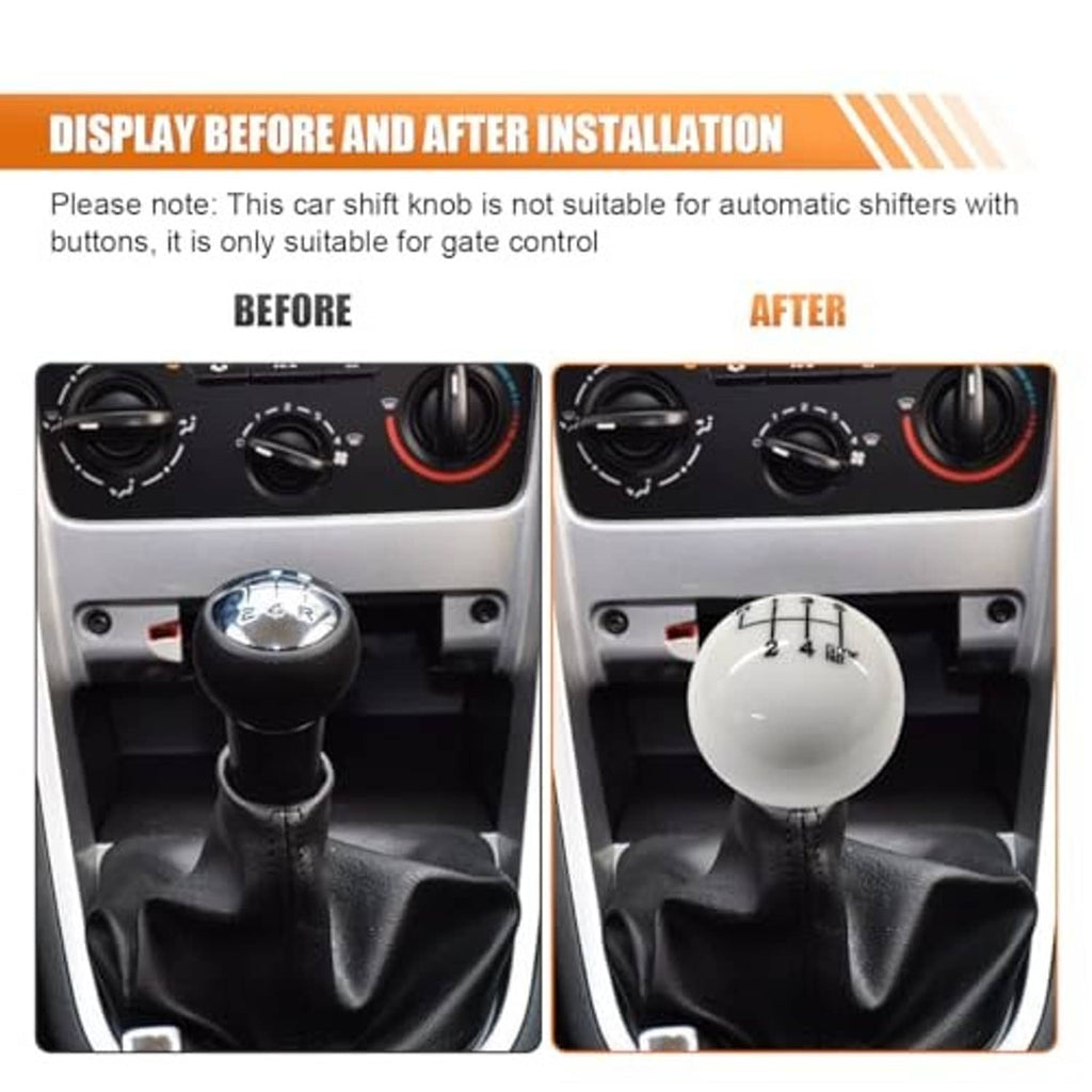 White gear shift knob installed on center console with black leather boot below