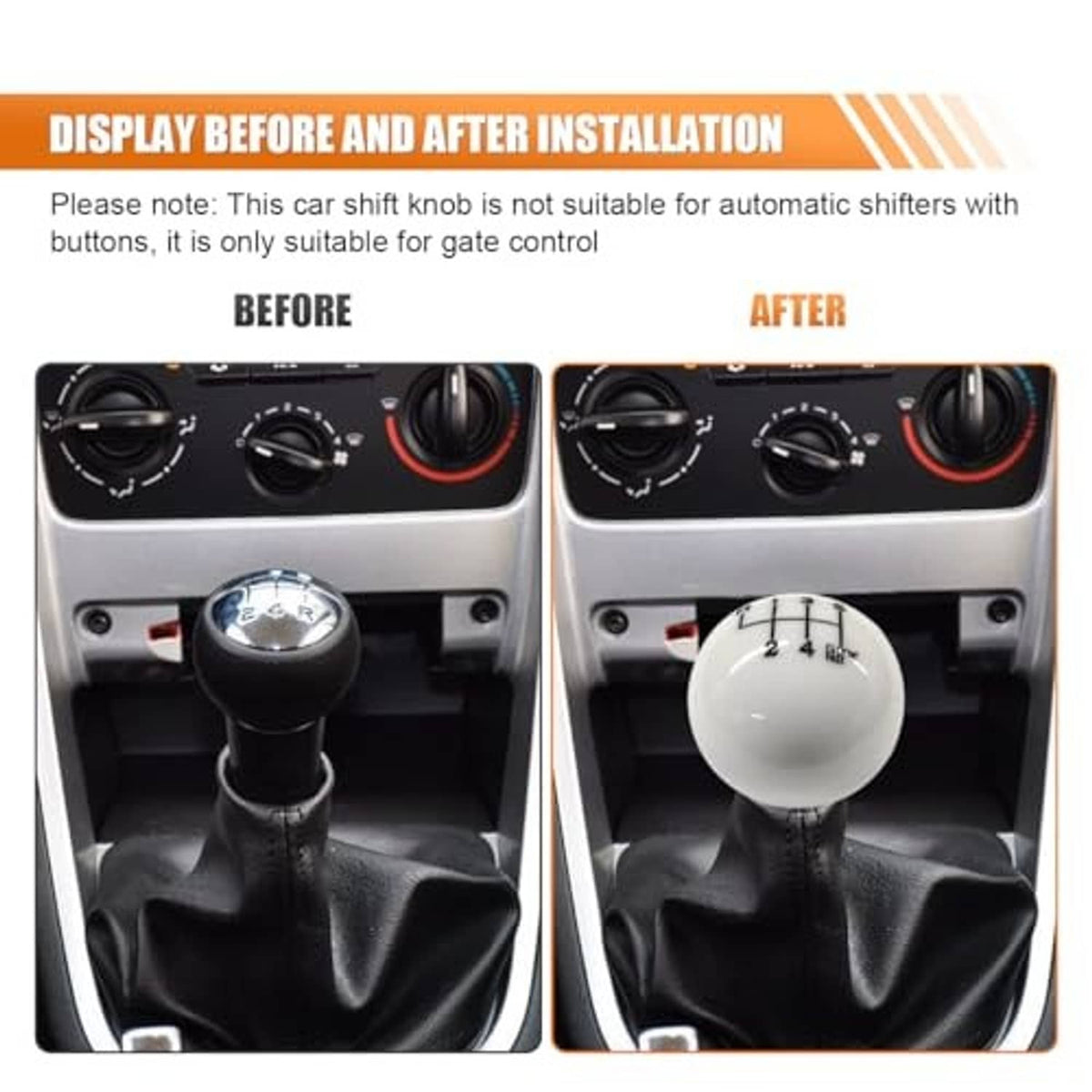 White gear shift knob installed on center console with black leather boot below