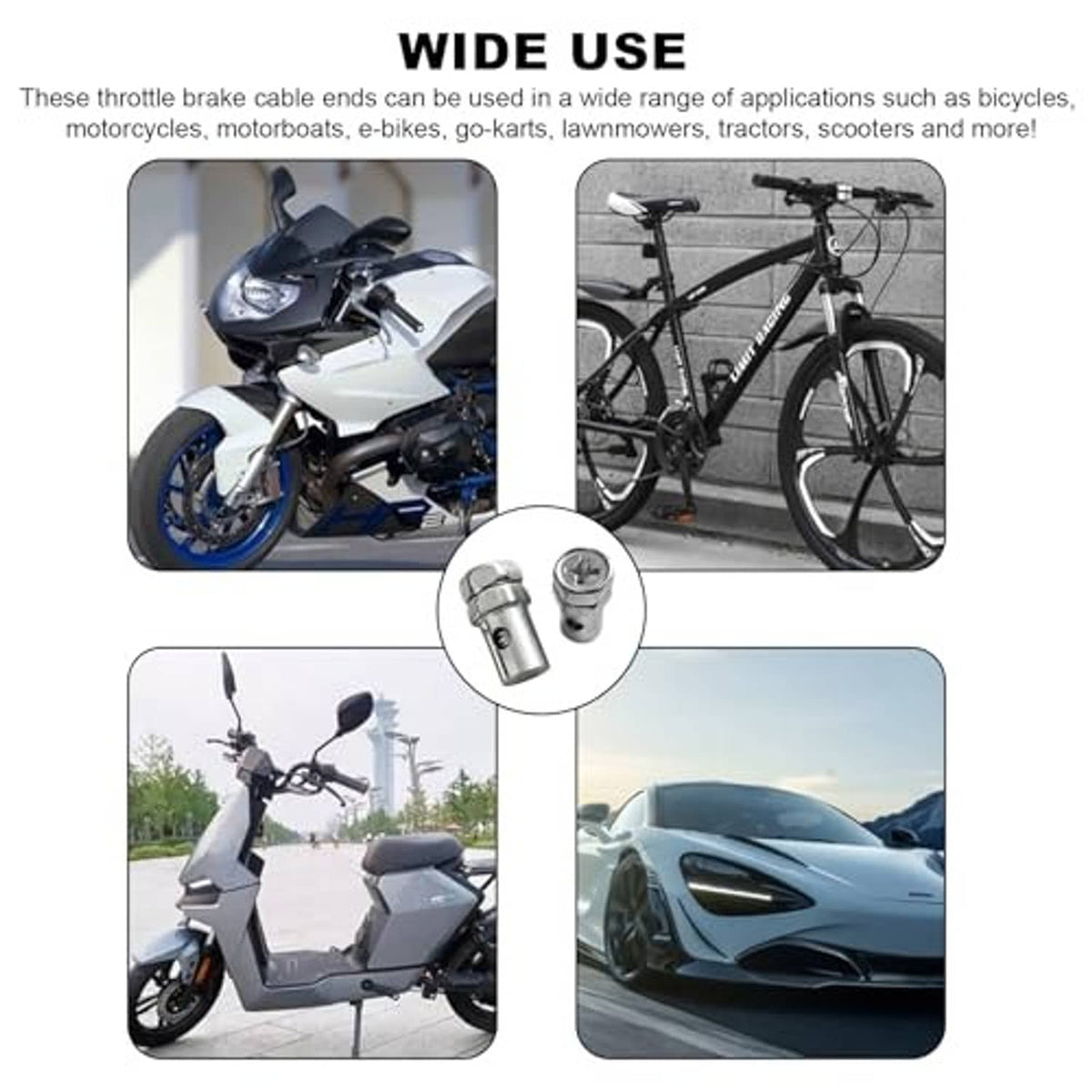 Throttle cable end components shown in inset circles on bike and scooter product use graphic