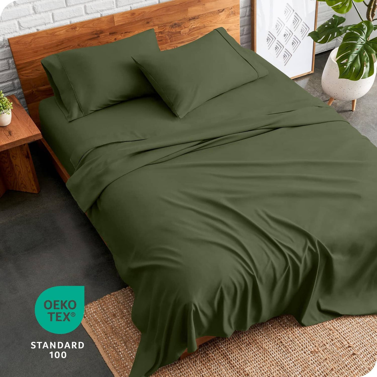 Deep olive green king sheet set with two pillowcases and smooth, wrinkle-finish drape