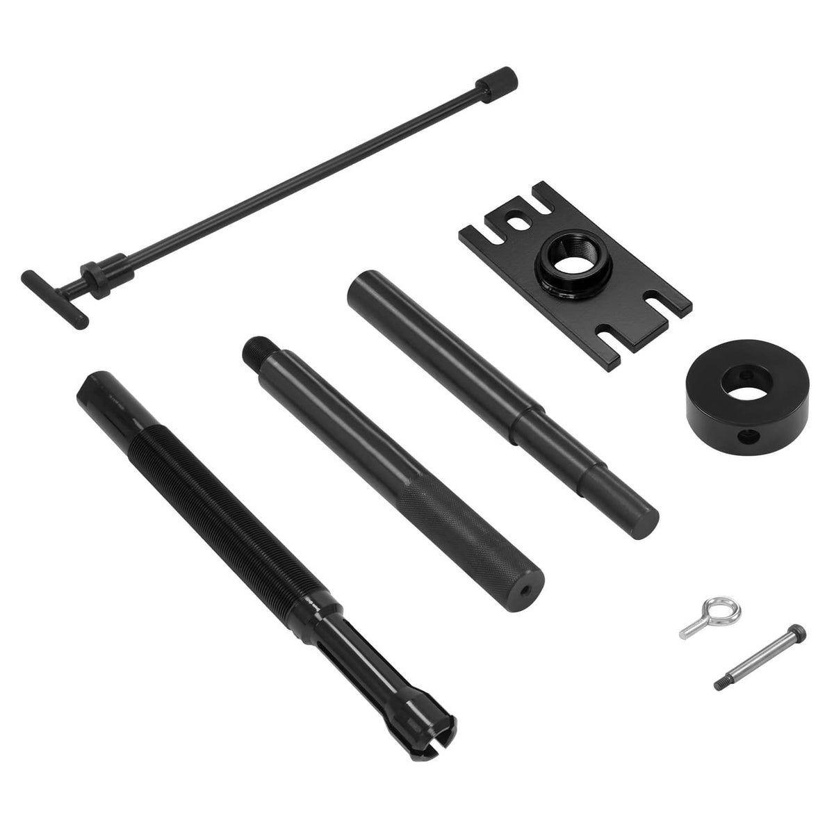 Gimbal bearing puller and alignment tool kit with rods, bracket, and hardware pieces