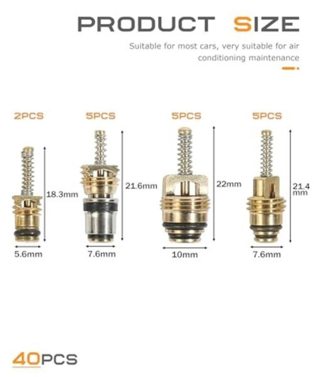 Valve core size chart with multiple Schrader cores shown with height measurements