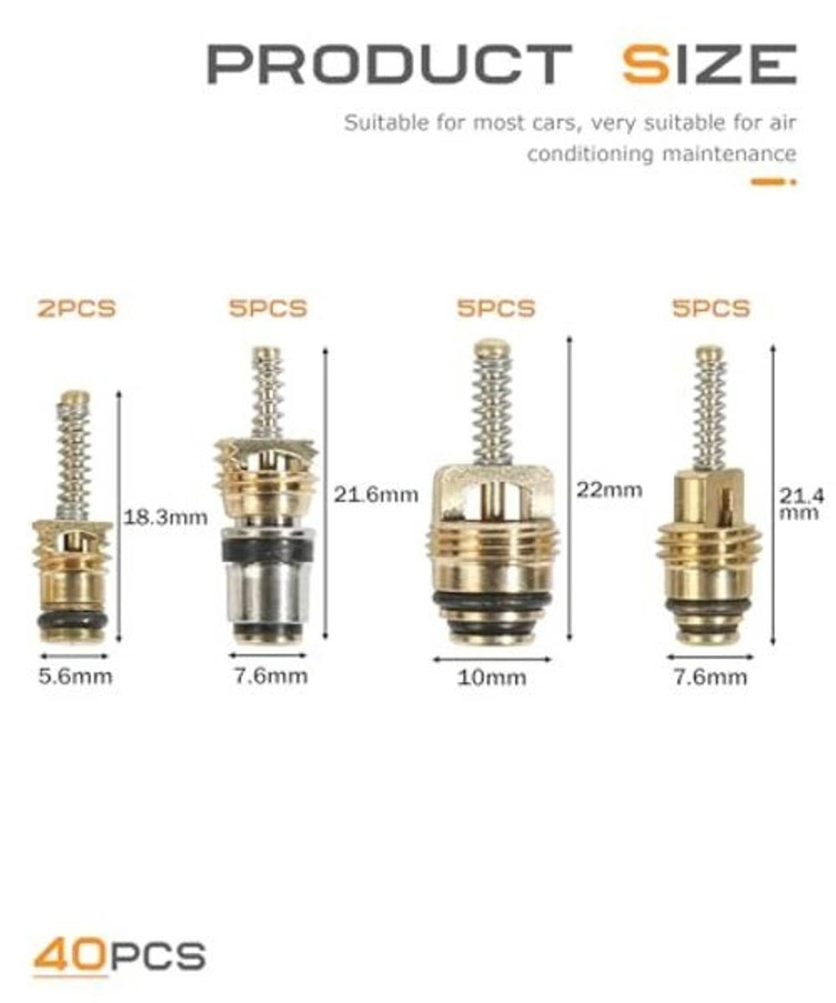 Valve core size chart with multiple Schrader cores shown with height measurements