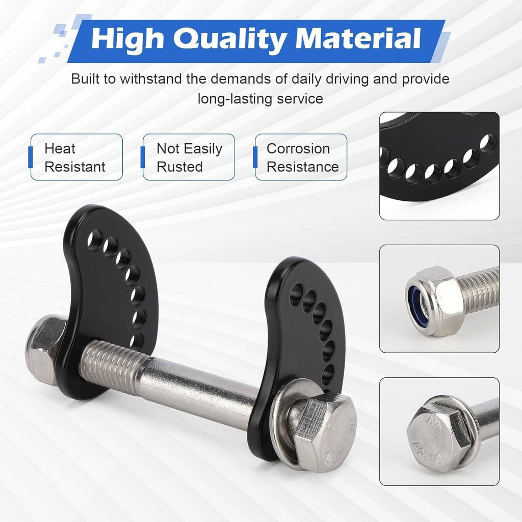 Black cam plate and silver threaded bolt with washer hardware for upper arm alignment