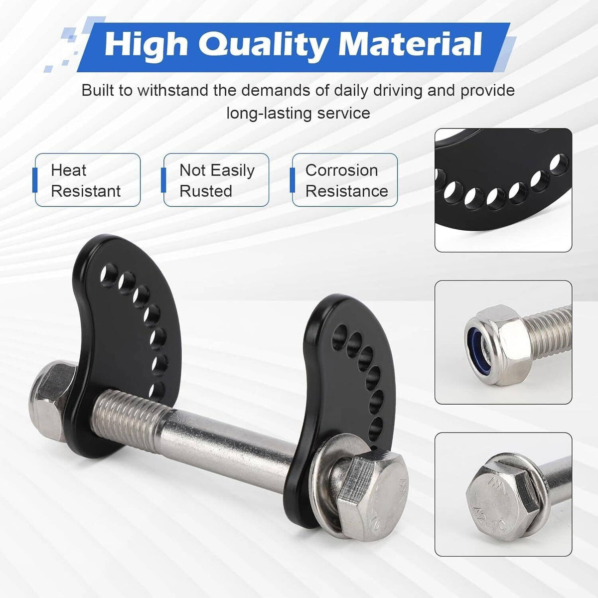 Black cam plate and silver threaded bolt with washer hardware for upper arm alignment
