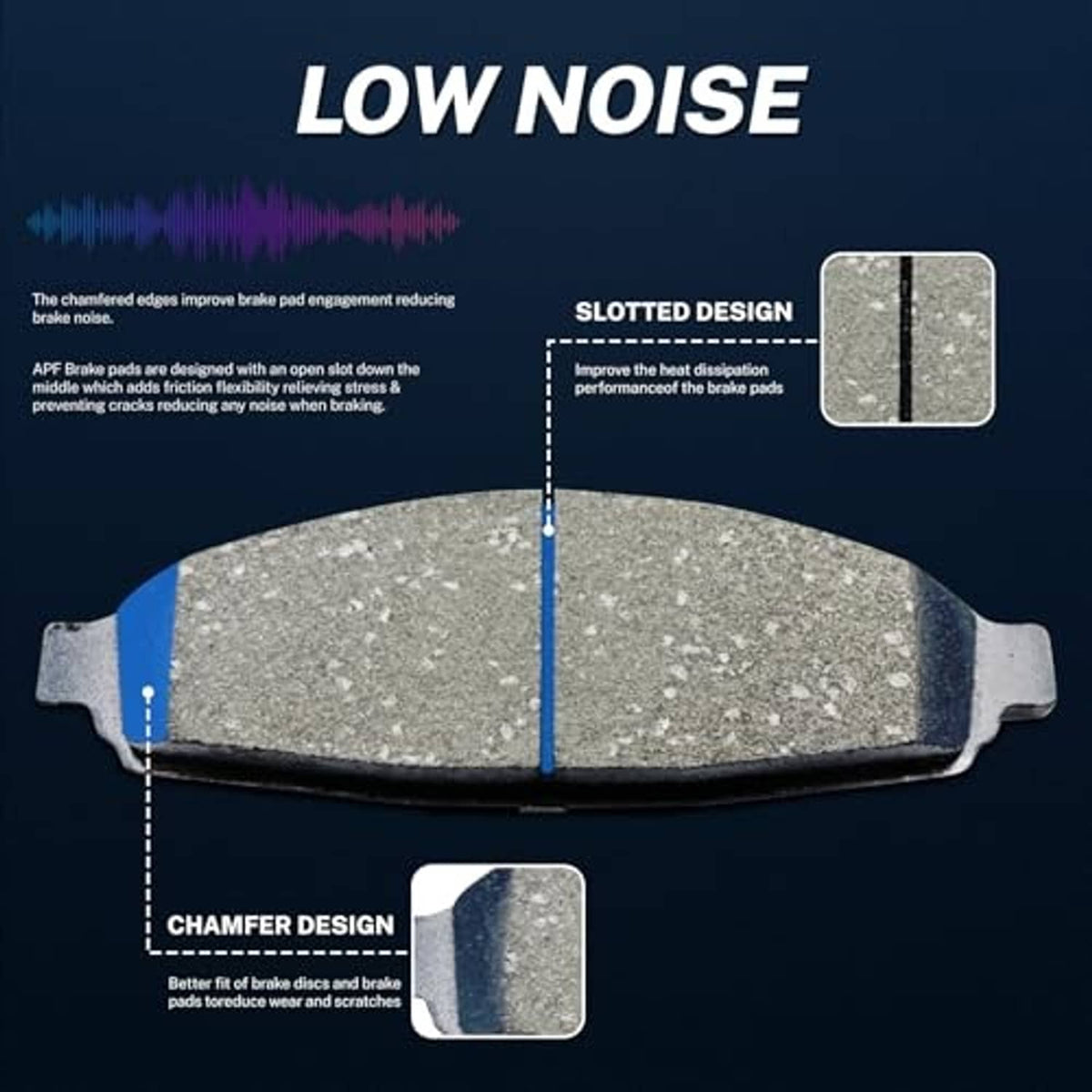 Ceramic brake pad with slotted face and chamfered edges, low-noise design