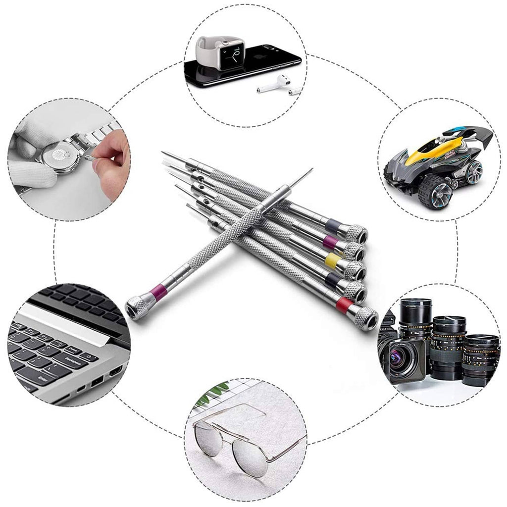 6-piece micro precision screwdriver set with textured shafts and keychain rings