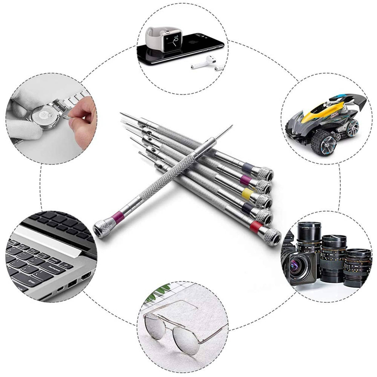 6-piece micro precision screwdriver set with textured shafts and keychain rings