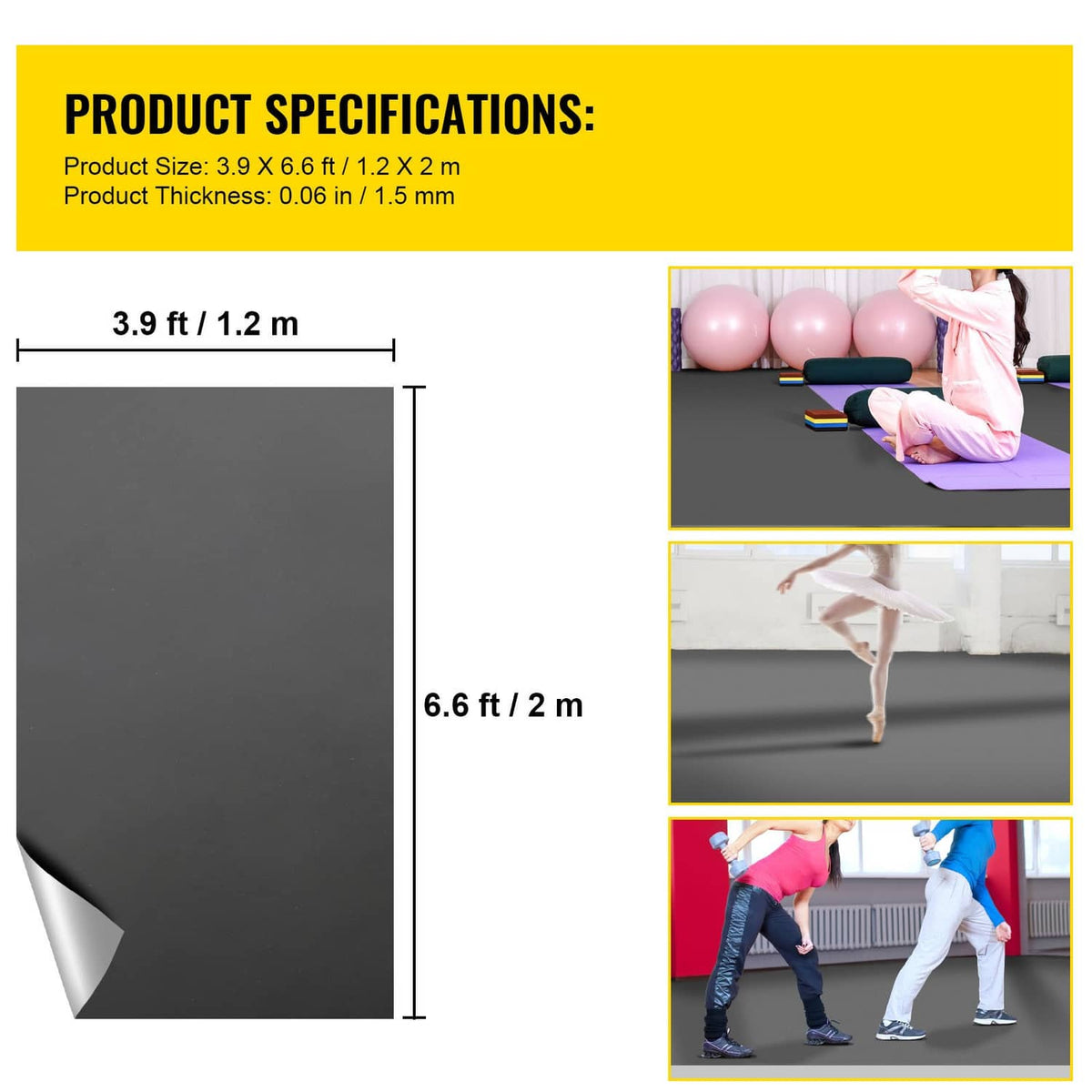 Dark gray dance floor mat size diagram with roll thickness shown
