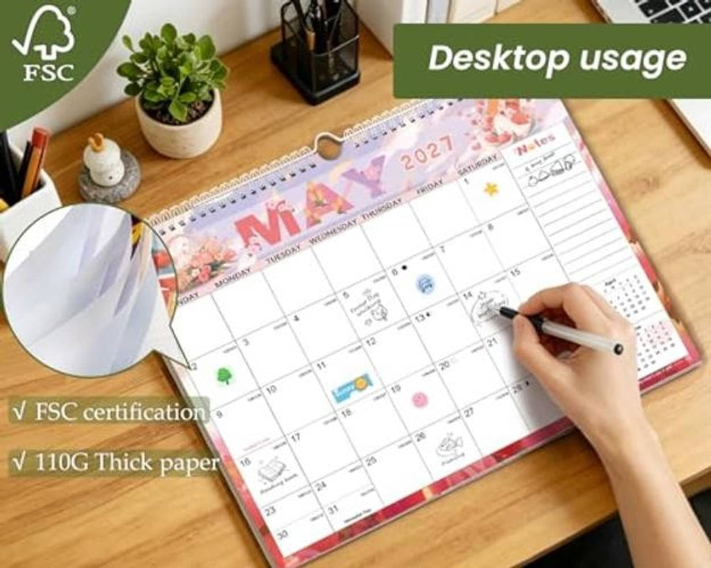 Desk calendar with colorful monthly grid and notes lines, thick 110GSM paper