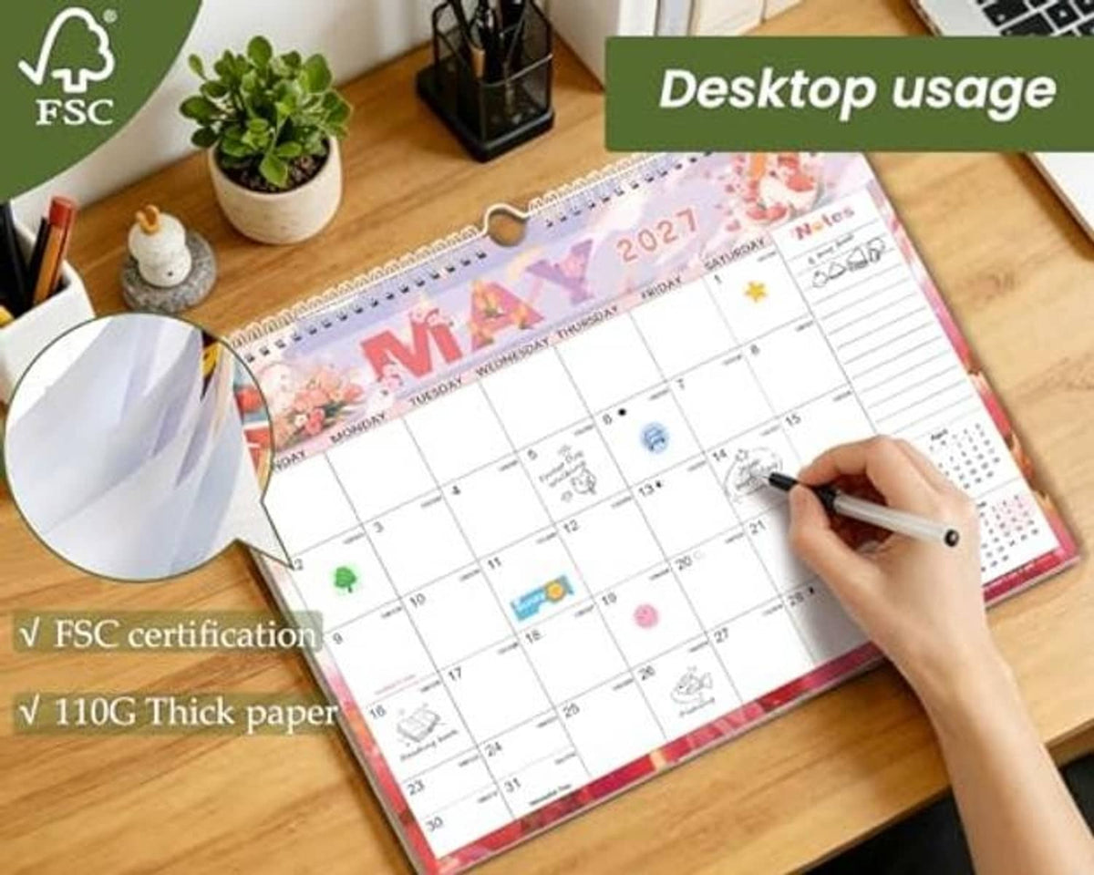 Desk calendar with colorful monthly grid and notes lines, thick 110GSM paper
