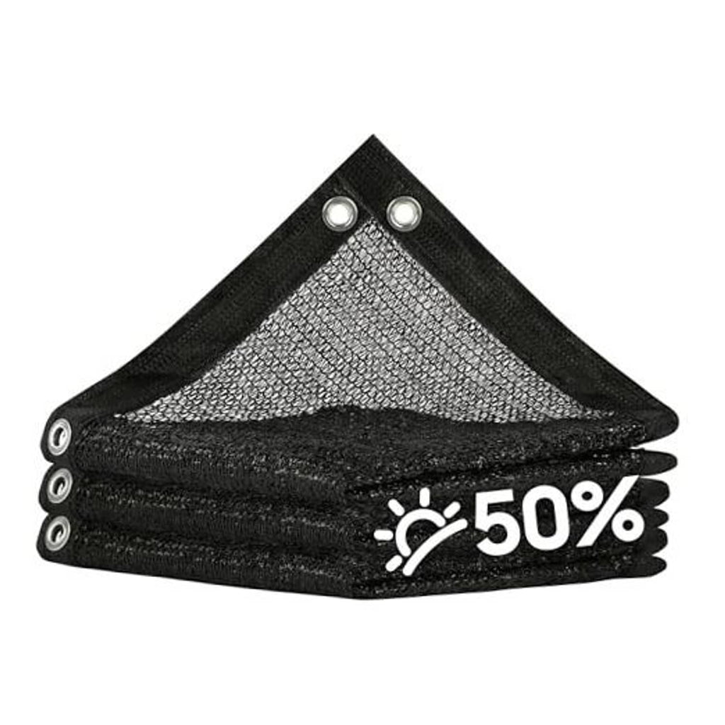 Black 50% shade cloth tarp, folded bundle with corner grommets and eyelets