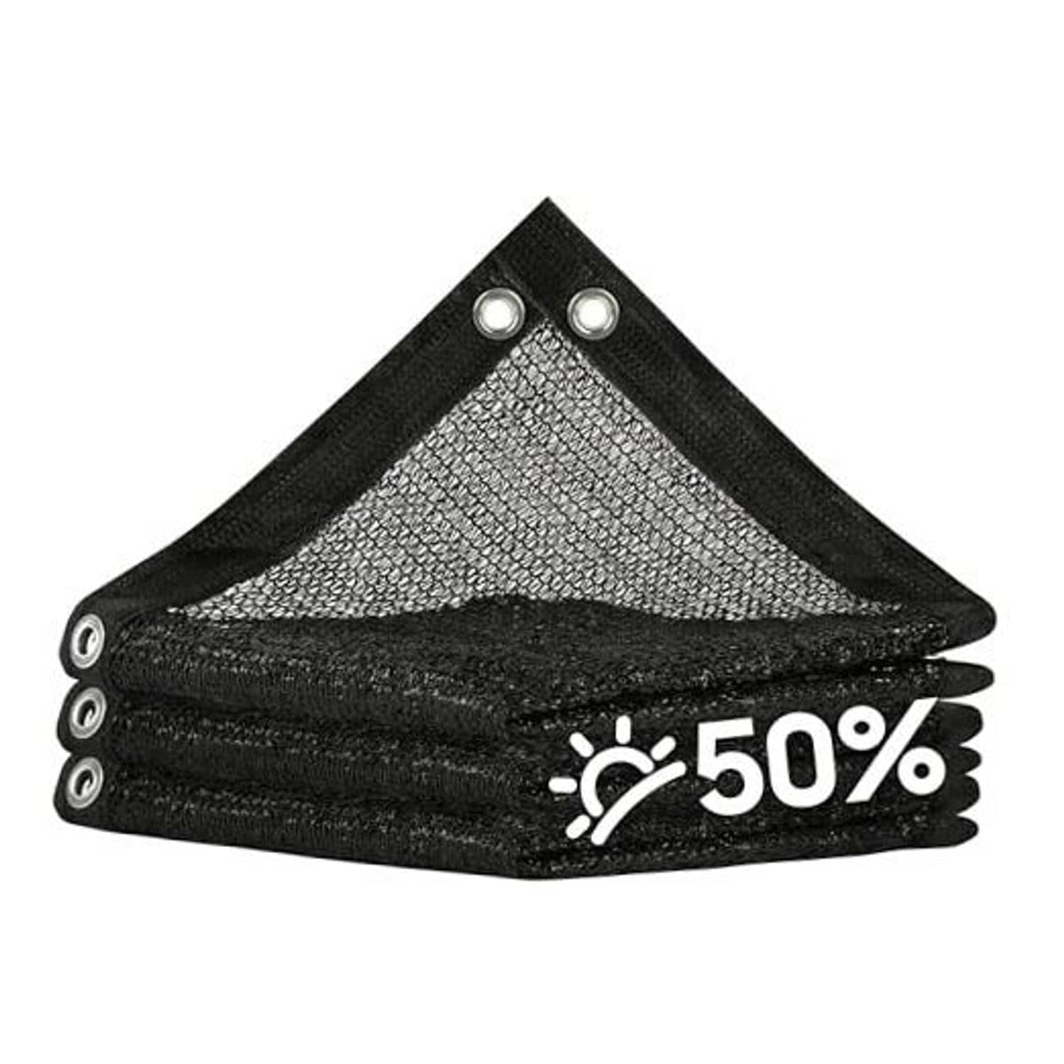 Black 50% shade cloth tarp, folded bundle with corner grommets and eyelets