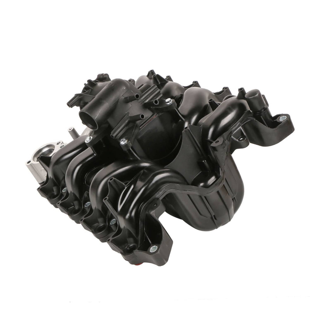 Engine intake manifold with curved black intake runners, silver flange and brackets