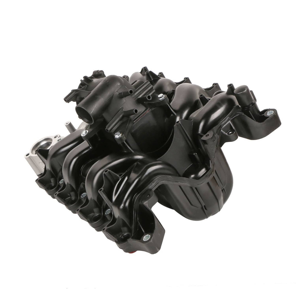 Engine intake manifold with curved black intake runners, silver flange and brackets