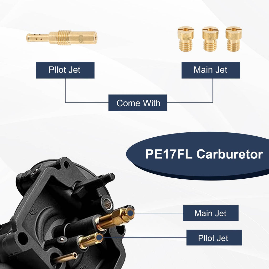 Carburetor with black body and red top, plus pilot jet and main jet fittings