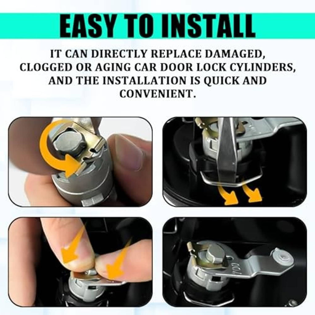 Car door lock cylinder installation showing hands fitting the lock and key