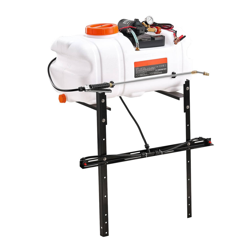 ATV spot sprayer with white tank, pump controls, nozzle boom, black stand, orange cap