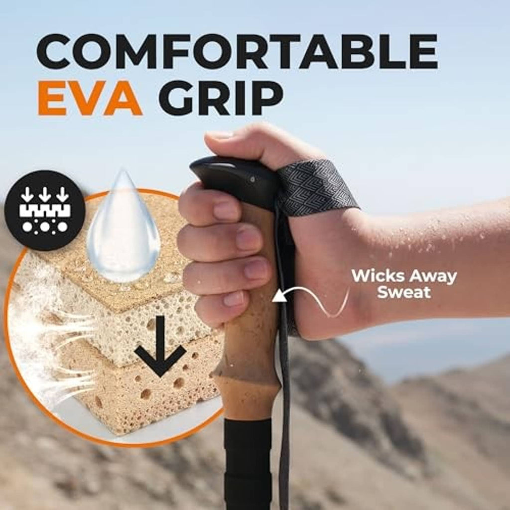 Close-up of EVA grip on blue hiking pole with sweat-wicking sponge graphic