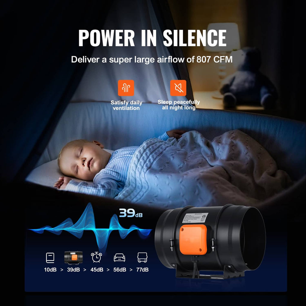 Quiet inline duct fan blower with orange switch on black frame