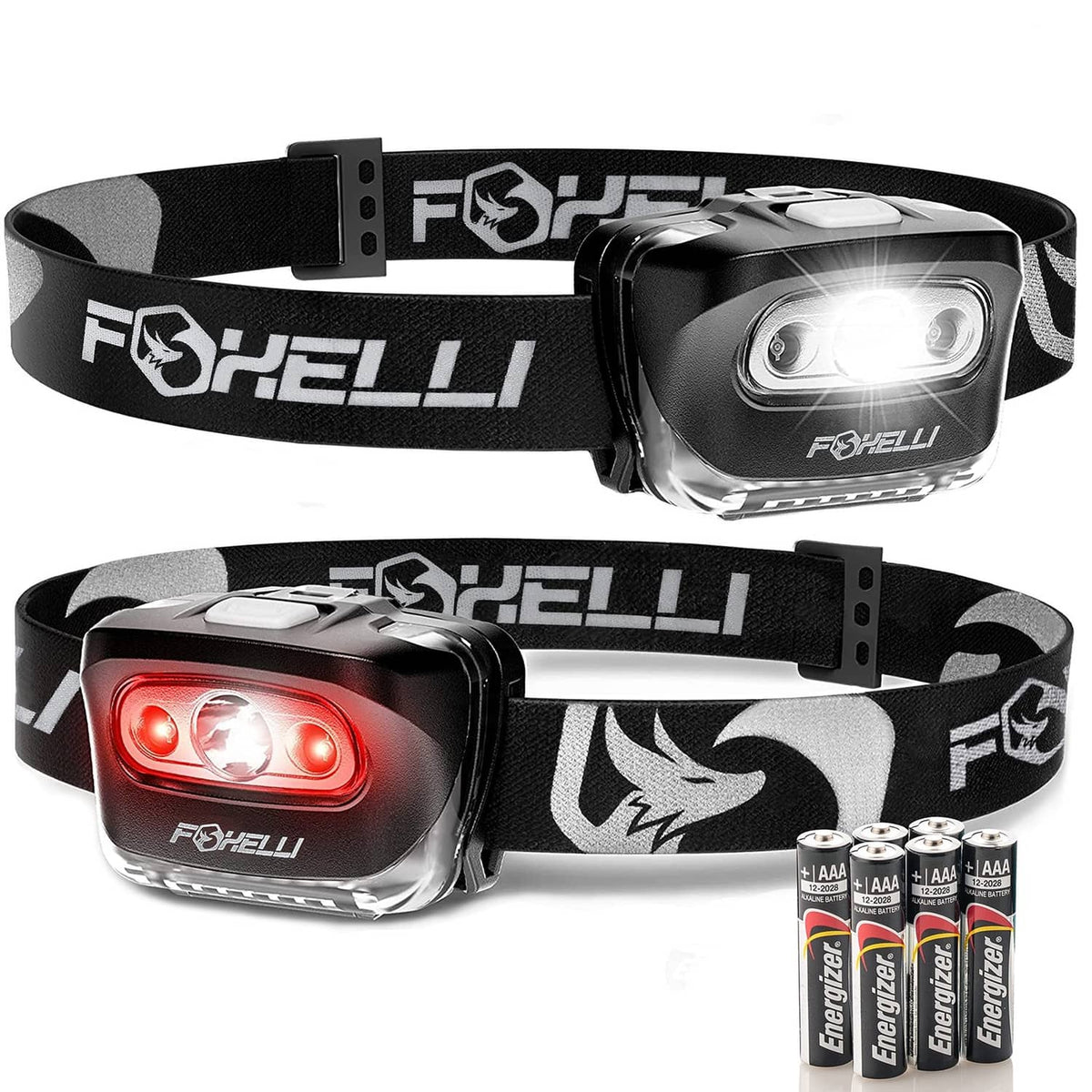2-pack black LED headlamps with adjustable straps, one front white beam and one red beam