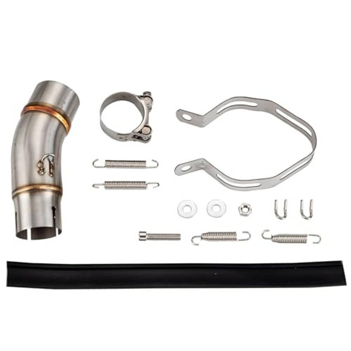 Motorcycle muffler mid pipe adapter with stainless pipe, clamp, springs, and mounting brackets