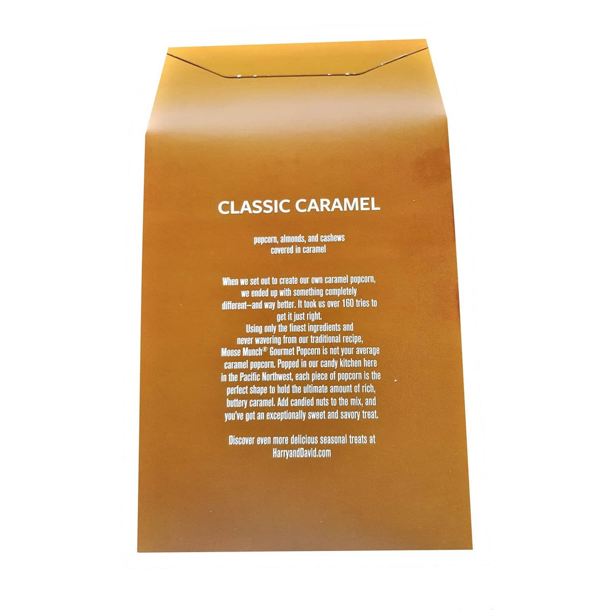 Classic caramel gourmet popcorn package back with ingredient and directions text panel