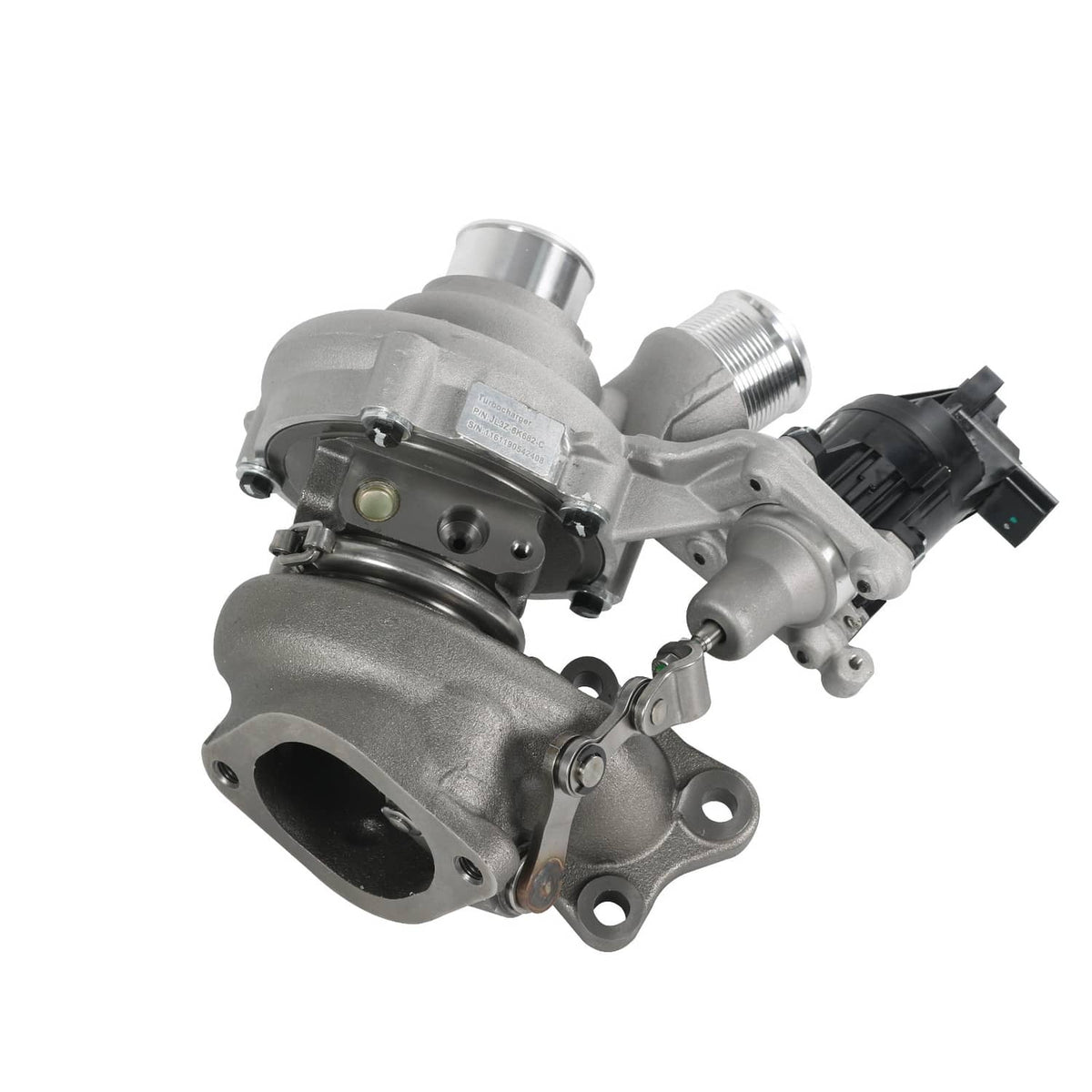 Driver-side turbocharger with silver turbine housing and black electrical wiring