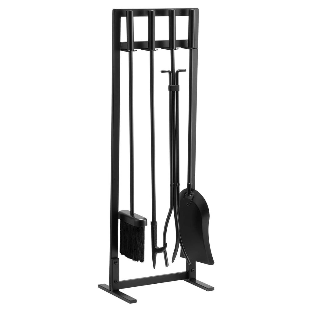 Black fireplace tool set on square stand with poker, shovel, brush, and tongs