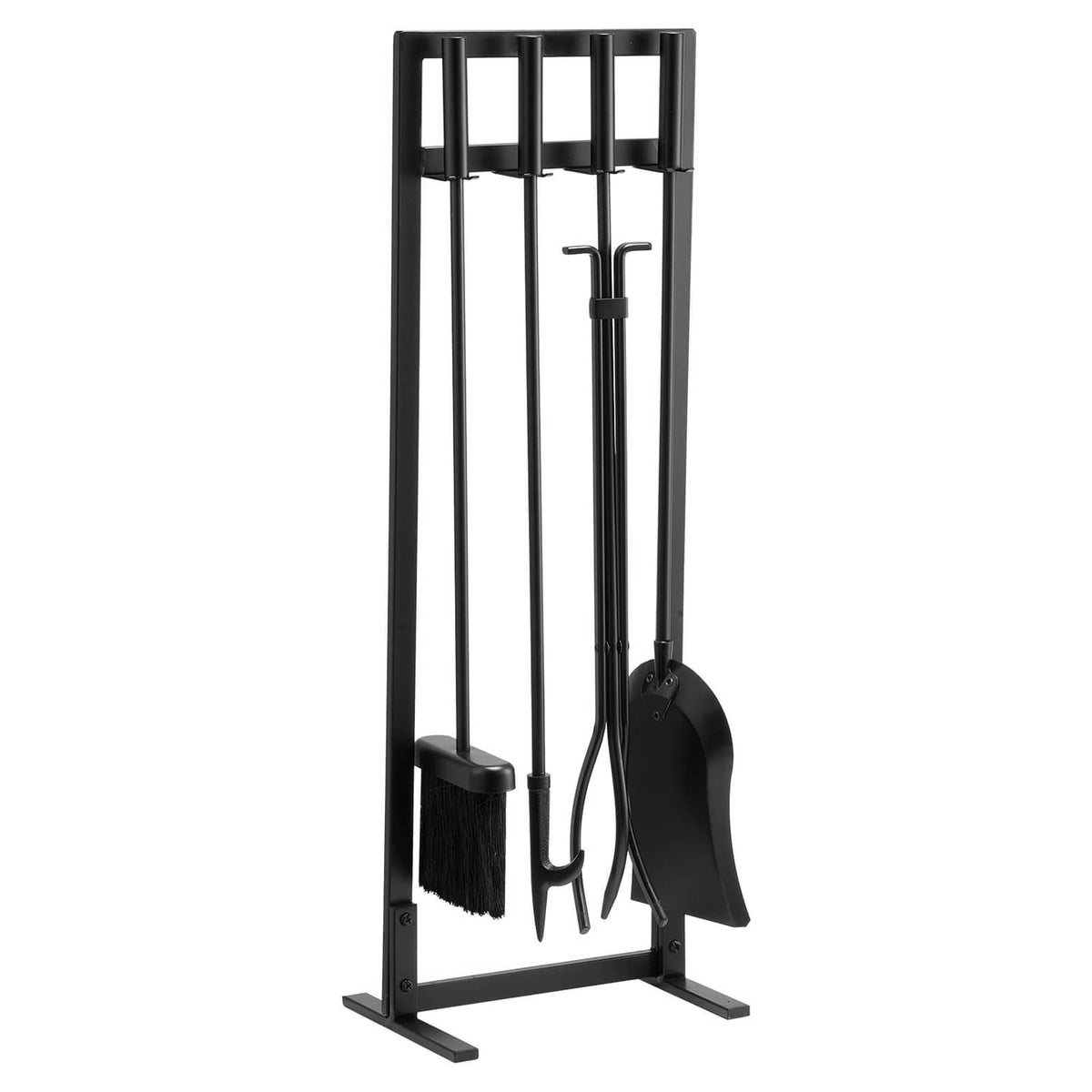 Black fireplace tool set on square stand with poker, shovel, brush, and tongs