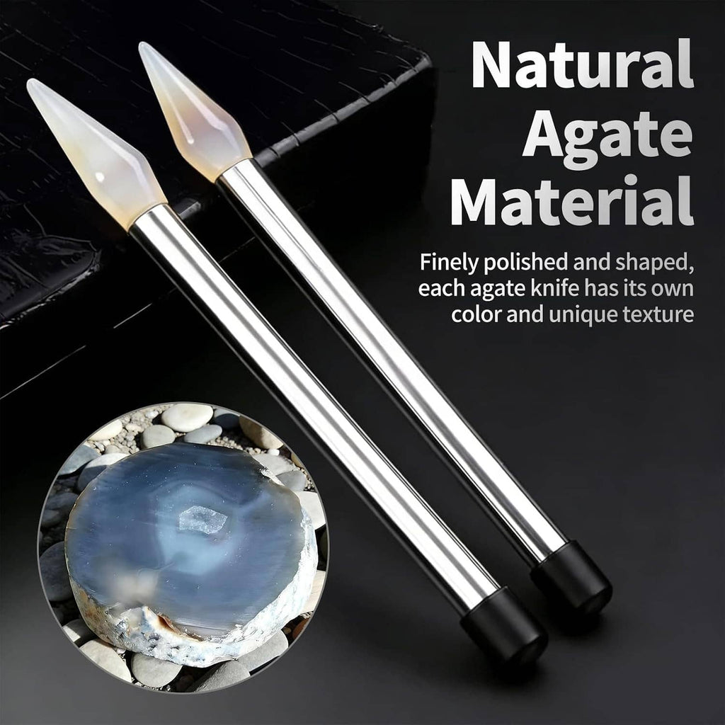 Agate knife polishing tools with pointed gemstone tips and black handle caps