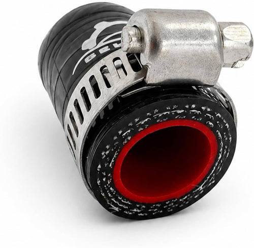 Black high-temperature reinforced silicone hose cap with silver clamp, red inner opening
