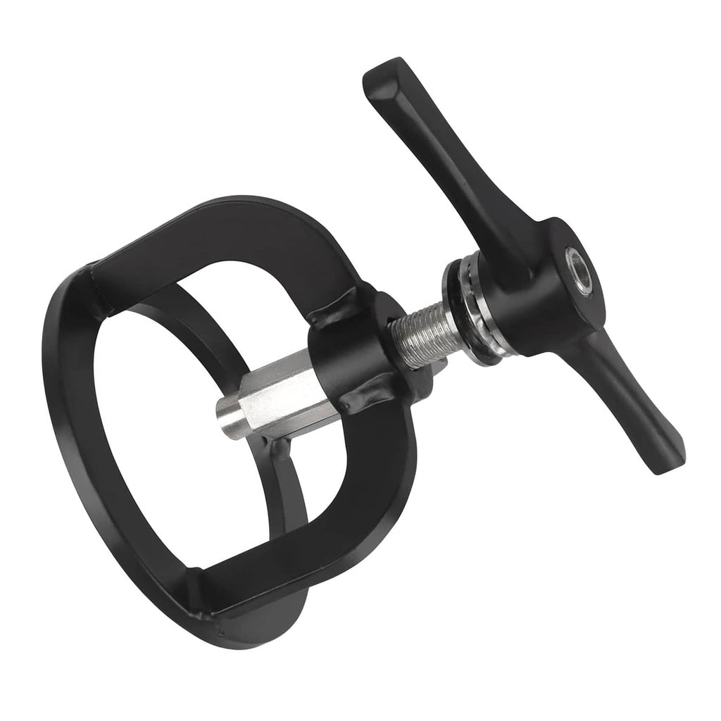 Black clutch spring compressor tool close-up with lever handle and threaded rod