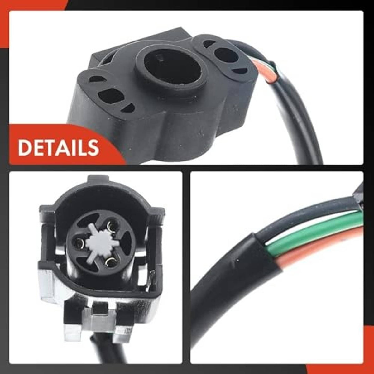 Throttle position sensor close-up with black connector and green-striped cable