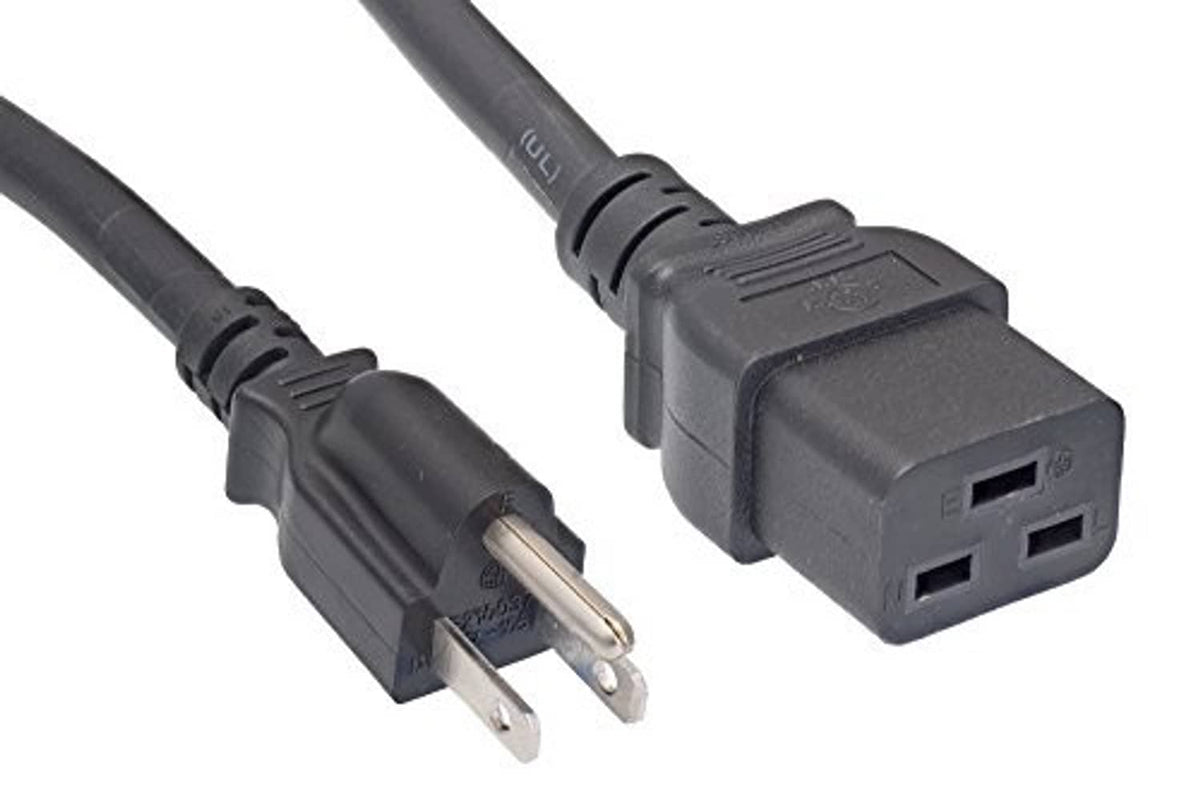 Power cord extension: C19 connector end with dual-slot opening on cable, gray housing