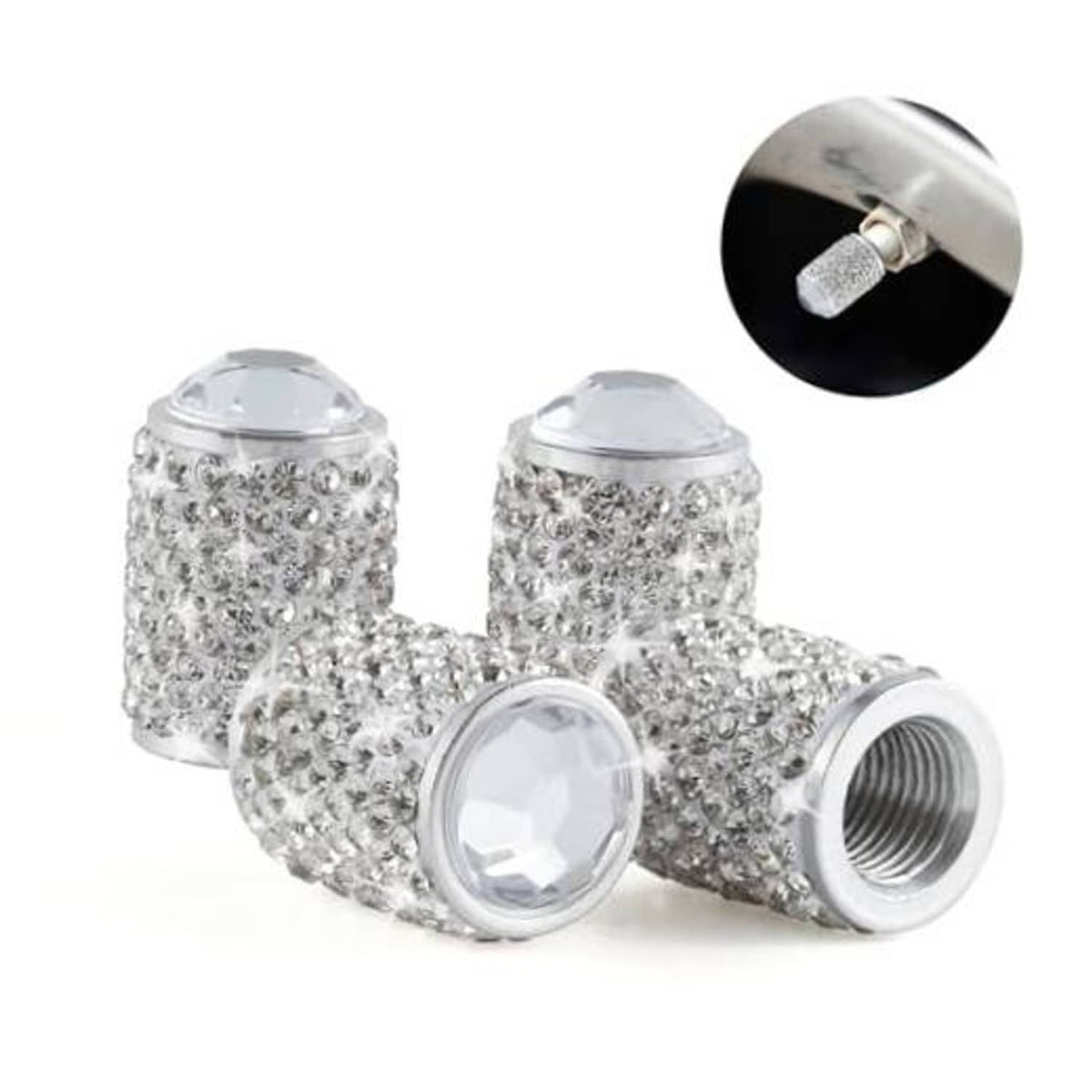 Crystal rhinestone tire valve caps, clear gem look with silver metal base, 4 pack