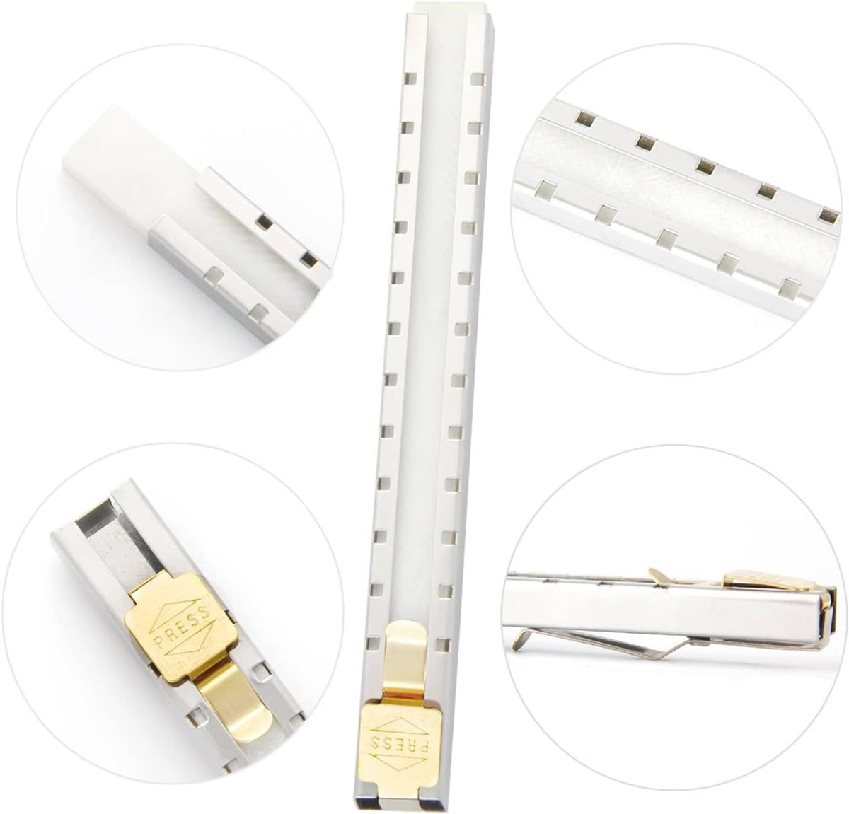 Set of white soapstone holder channels with clips and a gold latch piece