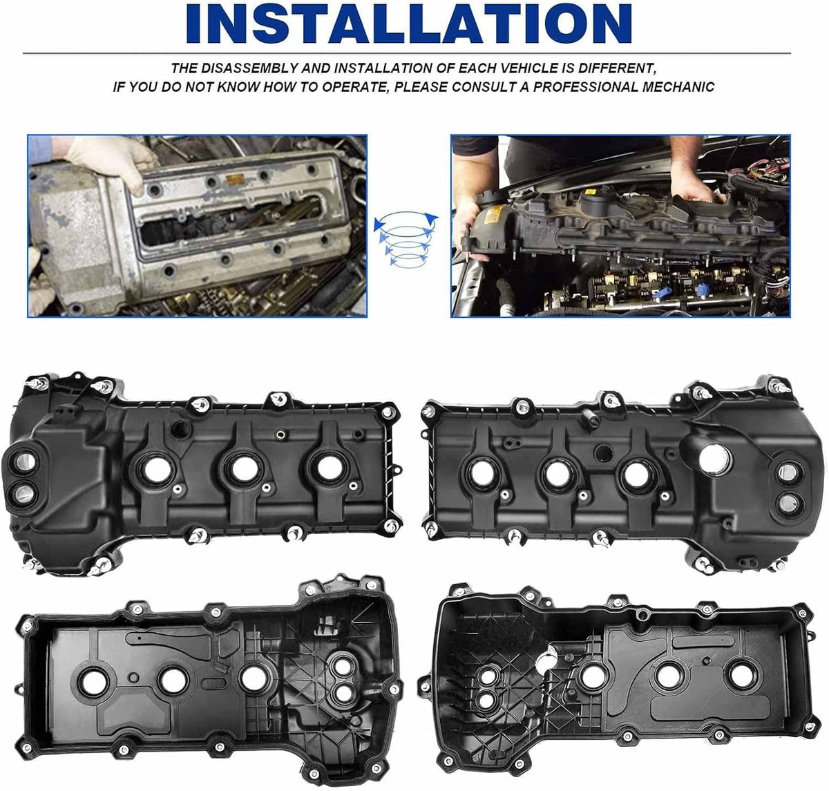 Black engine valve cover pair shown from multiple angles with mounting bolts and ports