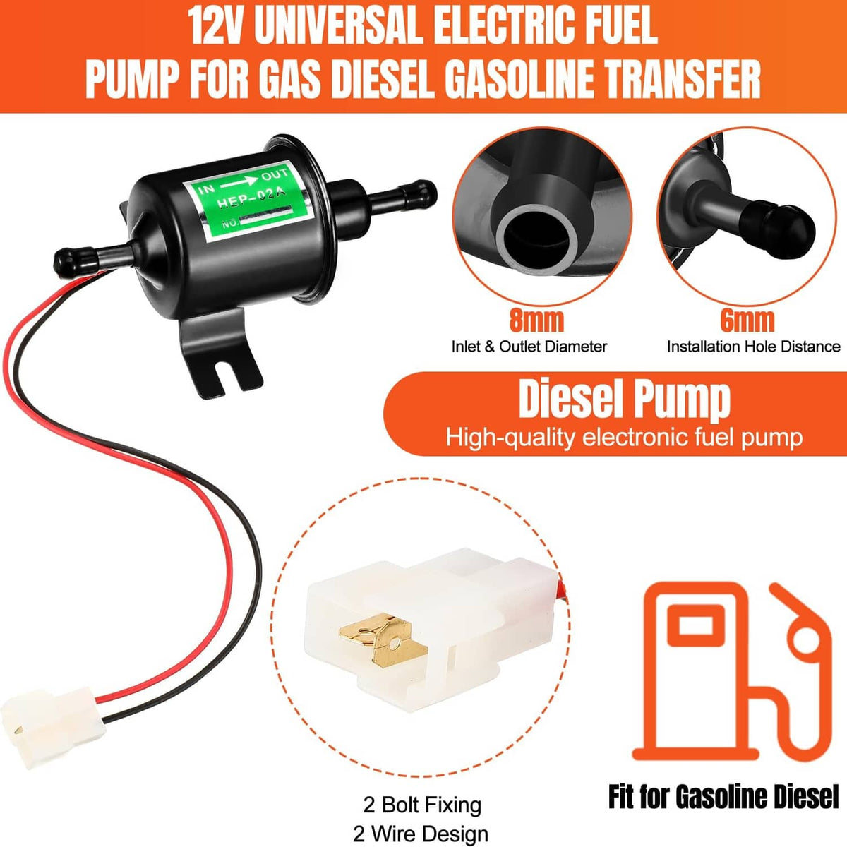 12V universal electric fuel pump with black canister and 2-bolt fixing bracket