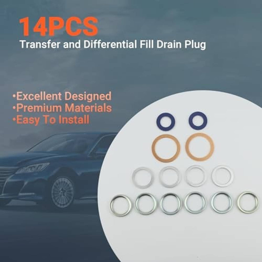 Assorted transfer and differential drain plug gasket rings in blue, copper, silver, and green