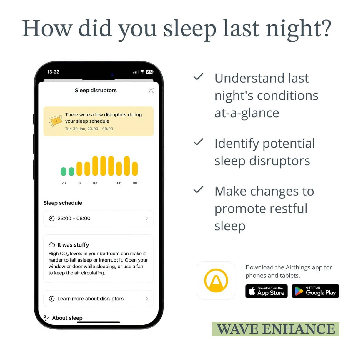 Mobile app screen for indoor air quality monitoring and sleep-disruption insights