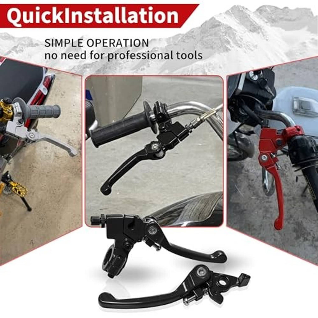 Black folding clutch and brake levers shown with quick-install mounting setup.