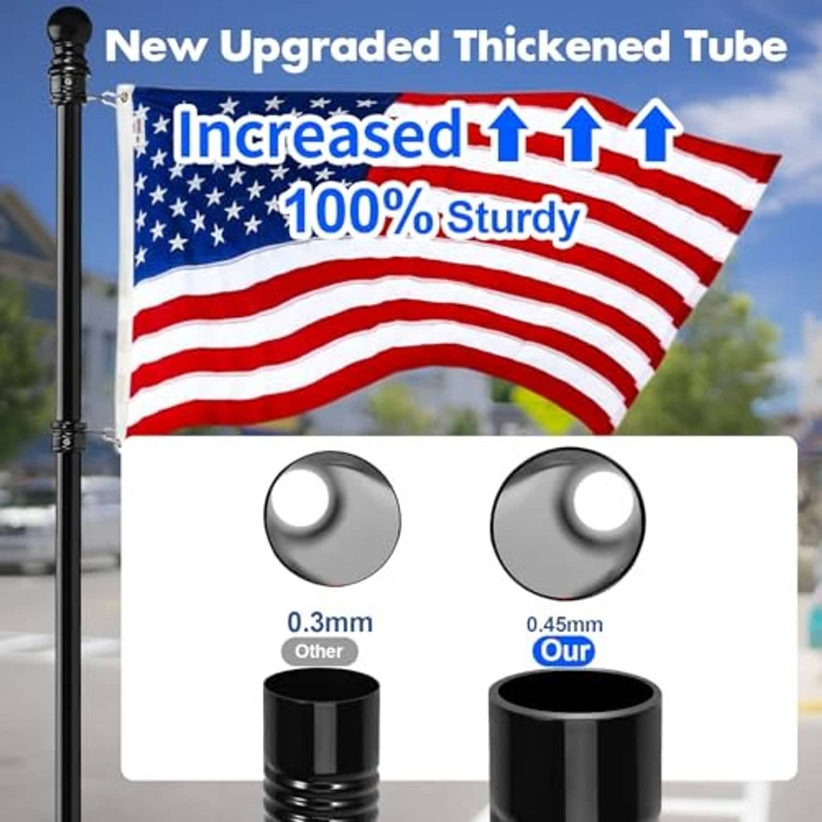 Black flag pole tube with rounded top and close-up thickness detail