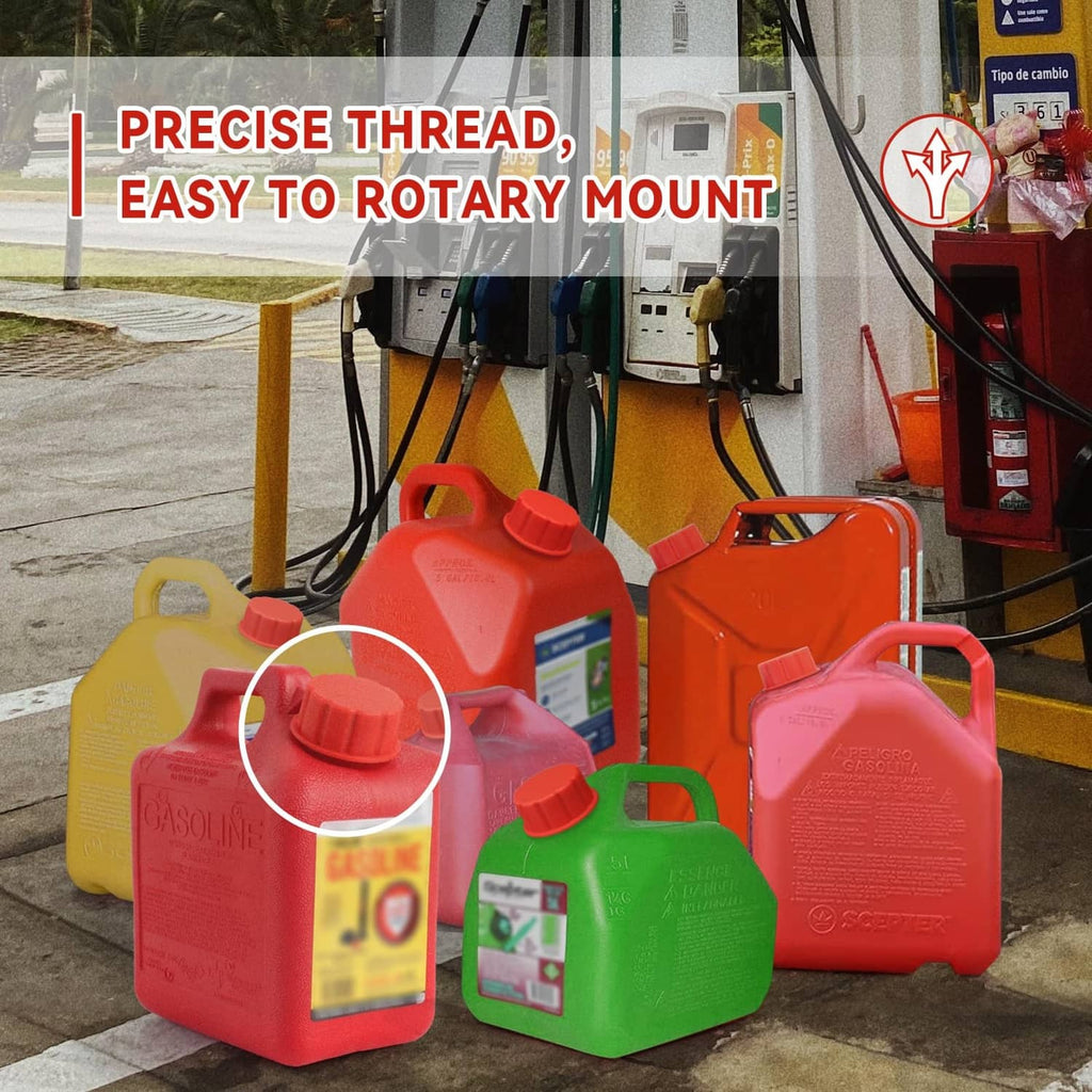 Red gas can replacement caps on fuel cans, showing open cap and threaded top