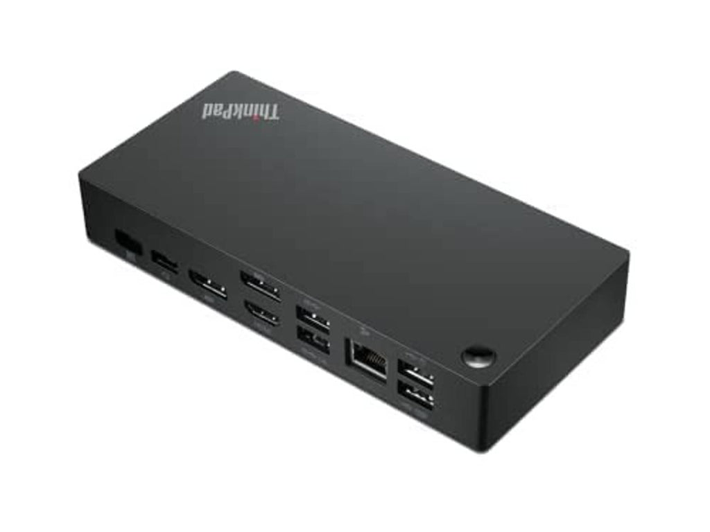 Black multi-port USB-C dock with several video and USB connectors