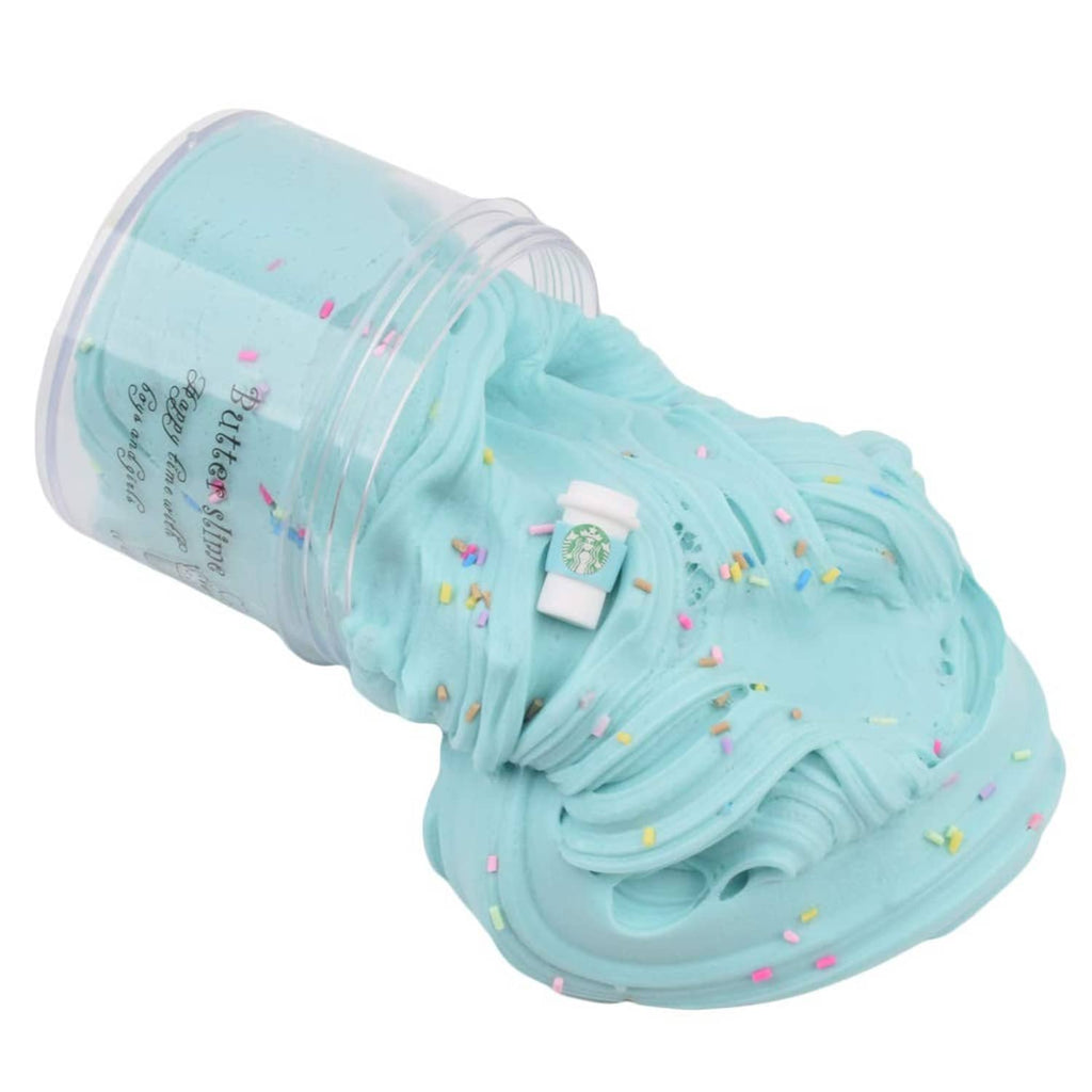 Light blue slime with clear jar lid, white cup charm, and colorful sprinkles