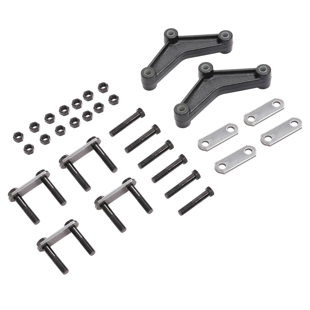 Trailer shackle kit hardware bundle with shackle arms, long bolts, and small fasteners