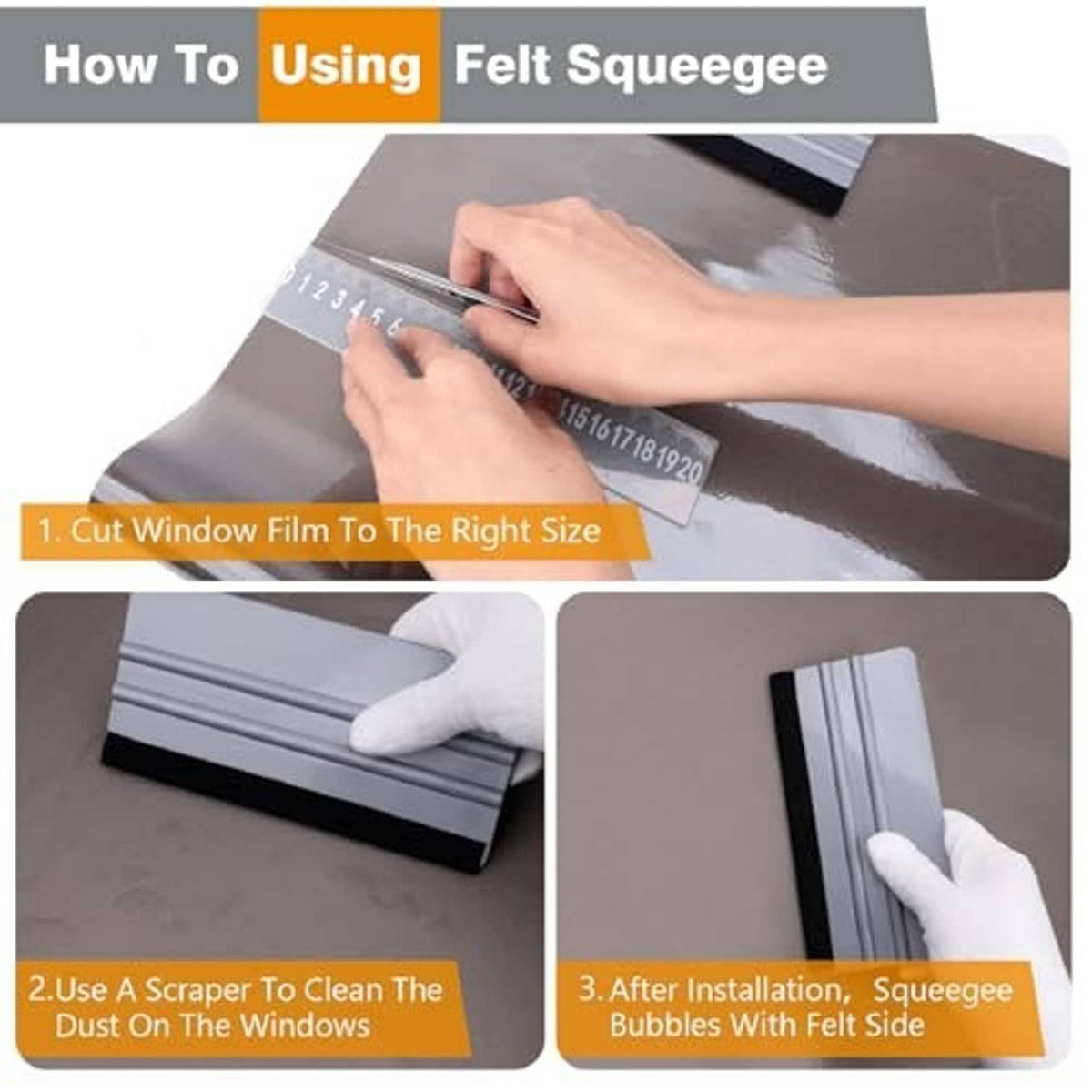 Felt squeegee tool applying window film with gray ridged handle and black edge