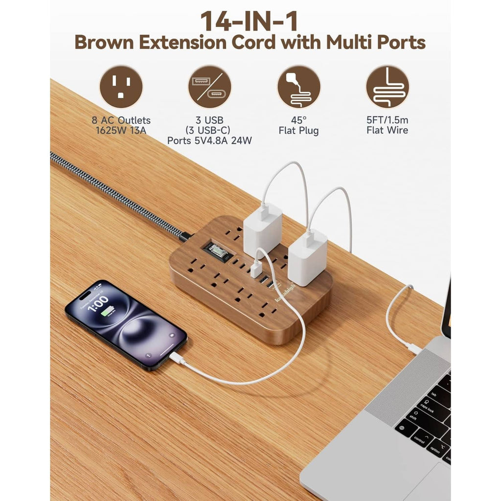 Brown extension power strip with multi-outlet panel, USB-C/USB ports and flat plug