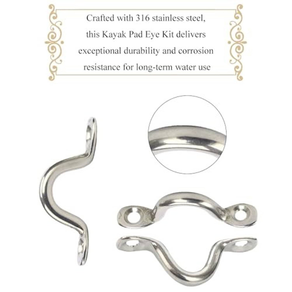 Stainless steel pad eye with loop mount, polished silver finish and close-up inset